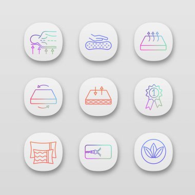 Yatak app simgeleri ayarlayın. UI/Ux Kullanıcı arabirimi. Ortopedik, Lateks, nefes alabilen, Çift sezon, kaldırma örtmek, yastıklar ve ödül madalya ile ekolojik yatak.