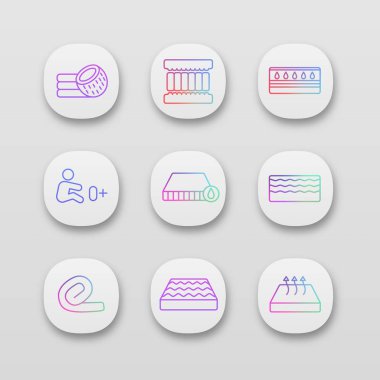 Yatak app simgeleri ayarlayın. UI/Ux arabirimi. Hindistan cevizi lifi, bellek köpük dolgu, sugeçirmez, ortopedik, su, springless rulo, nefes alabilen, minder yenidoğan için izin. İzole vektör çizimler