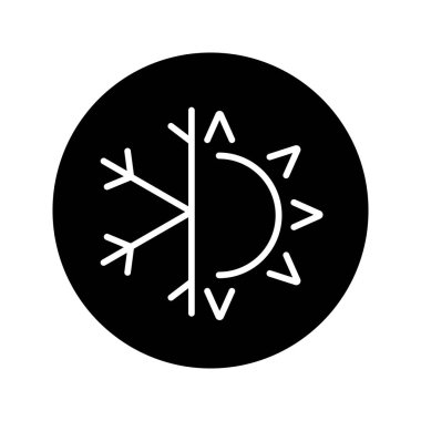 Kış ve yaz glif simgesi. Çift sezon yatak. Dört mevsim. Klima. Güneş ve kar tanesi. Siluet simge. Negatif alan. İzole vektör çizim