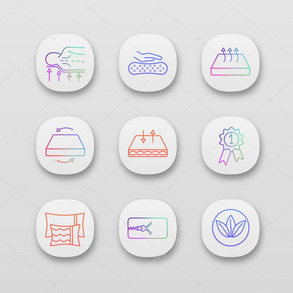 Mattress app icons set. UI/UX user interface. Orthopedic, latex, breathable, dual season, ecological mattress with removable cover, pillows and award medal.