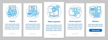 Doğrusal kavramları ile online para hareket onboarding mobil uygulaması sayfa ekran. E-ödeme sistemi adımları grafik yönergeleri. UX, UI, GUI vektör şablon resimler