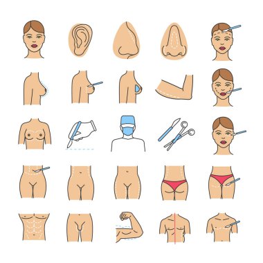 Plastik cerrahi renk simgeler kümesi. Yüz cerrahisi. Yüz ve vücut cerrahi kaldırma. Erkek ve dişi vücut şekillendirme ve düzeltme. Liposuction. İzole vektör çizimler