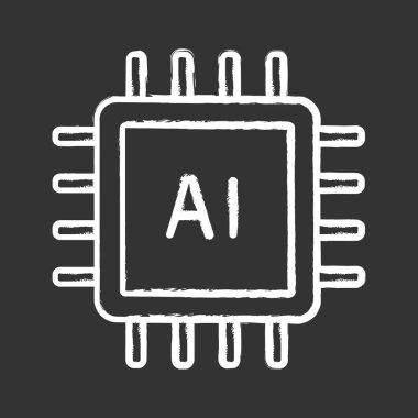 AI işlemci tebeşir simgesi. Mikroişlemci yapay zeka sistemi için. Mikroçip, küçük parça. CPU. Merkezi işlem birimi. Bilgisayar, telefon işlemci. İzole vektör kara tahta çizim
