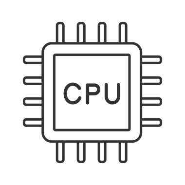 CPU doğrusal simgesi. Elektronik mikroçipler, yonga seti, chip. İnce hat illüstrasyon. Merkezi işlem birimi. Bilgisayar, telefon işlemci. Entegre devre. İzole anahat çizim vektör. Düzenlenebilir kontur