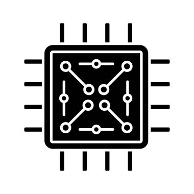 Elektronik devreler glif simgesi ile işlemci. Mikroişlemci Mikri şemalar ile. Çip, miniyonga, küçük parça. CPU. Entegre devre. Siluet simge. Negatif alan. İzole vektör çizim