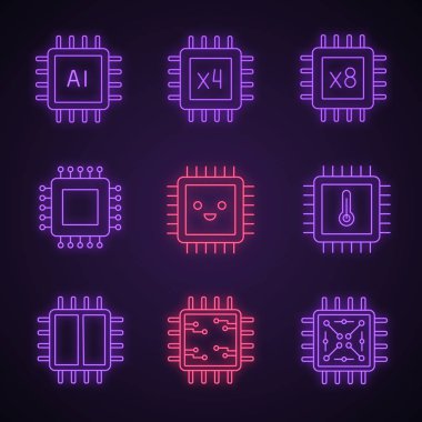 İşlemciler neon ışık Icons set. AI çip, quad, octa, çift çekirdekli işlemciler, entegre devre, işlemci gülümseyerek. Parlayan işaretler. İzole vektör çizimler