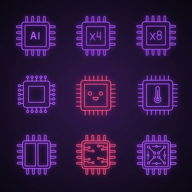 Processors neon light icons set. AI chip, quad, octa, dual core microprocessors, integrated circuit, smiling processor. Glowing signs. Vector isolated illustrations clipart