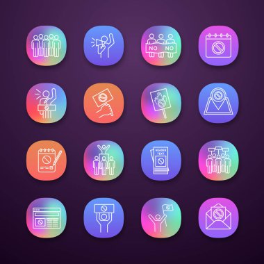 Eylem app Icons set protesto. UI/Ux Kullanıcı arabirimi. Kitle gösterileri. Siyasi davranış. Sosyal ve siyasi hareketleri. Demokrasi ve insan hakları koruma. İzole vektör çizim
