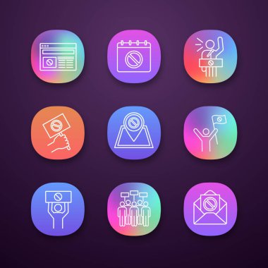 Eylem app Icons set protesto. Internet news, protesto tarihi, protestocu, afiş, konumu, lider, konuşma, kazık, e-posta. UI/Ux Kullanıcı arabirimi. Web ya da mobil uygulama. İzole vektör çizim