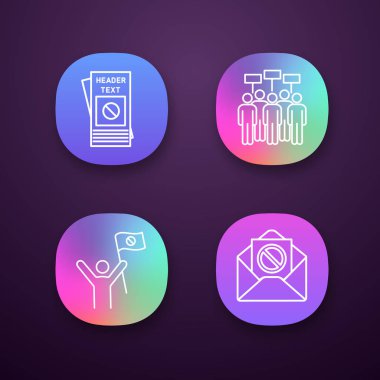 Eylem app Icons set protesto. UI/Ux Kullanıcı arabirimi. Toplantı, protestocu, protesto e-posta, broşür. Web ya da mobil uygulama. İzole vektör çizim