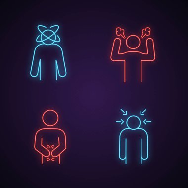 Duygusal stres neon ışık Icons set. Baş dönmesi, öfke, hazımsızlık, sinir gerginliği. Parlayan işaretler. İzole vektör çizimler