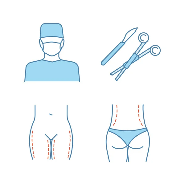 Conjunto Ícones Cores Cirurgia Plástica Cirurgião Bisturi Cirúrgico Braçadeira Elevação — Vetor de Stock