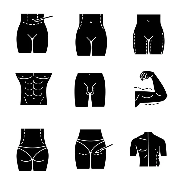 Plastic Surgery Glyph Icons Set Tummy Tuck Waist Thigh Buttock — Stok Vektör