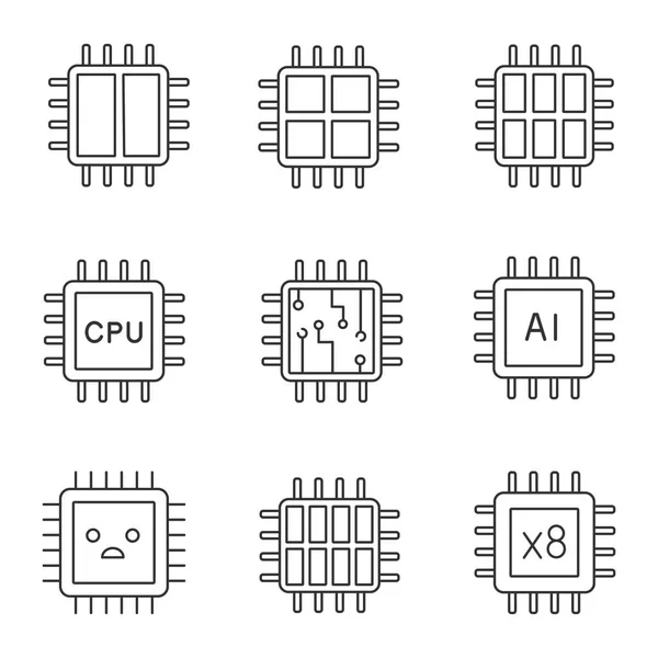 Conjunto Iconos Lineales Procesadores Octa Seis Doble Chip Cuatro Núcleos — Vector de stock