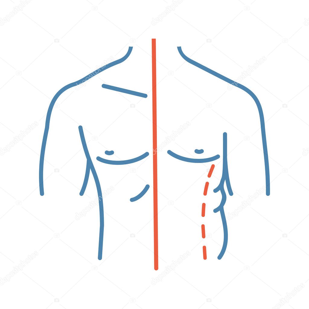 Male coolsculpting color icon. Flanks correction. Male liposuction and body contouring before and after. Plastic surgery. Isolated vector illustration
