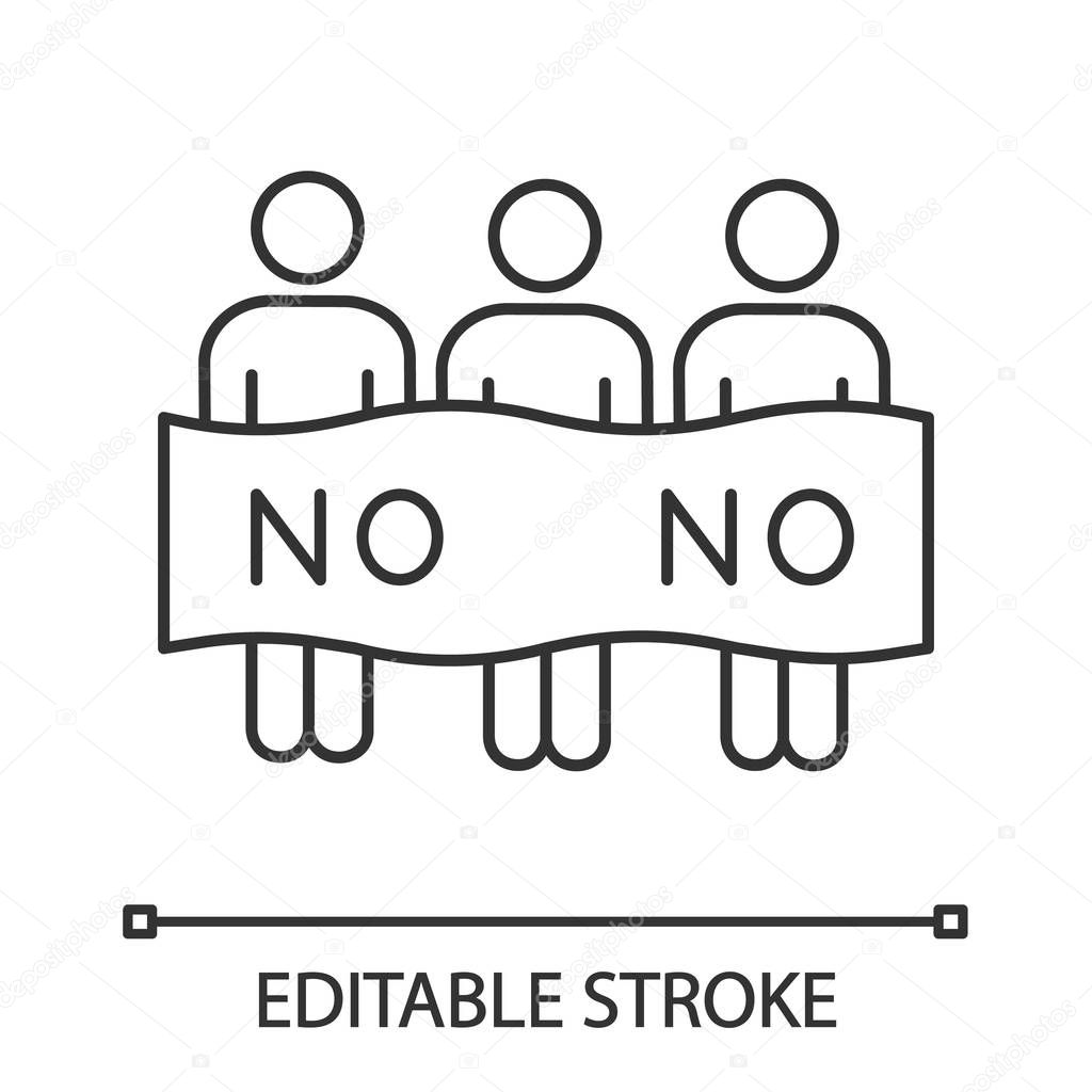 Protest event linear icon. Political protest. Activists. Thin line illustration. Social movement. Public opinion. Demonstration, meeting. Collective action. Vector isolated drawing. Editable stroke