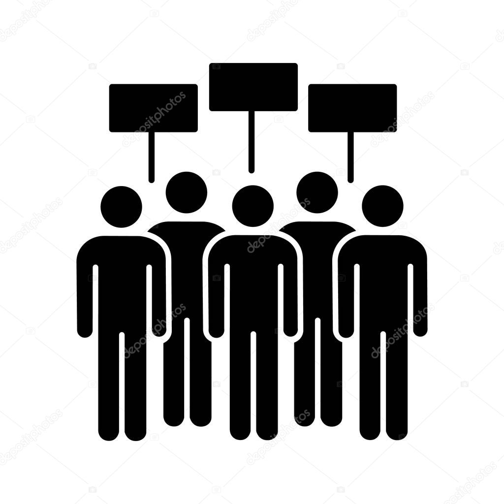 Protest event glyph icon. Political protest. Social movement. Public opinion. Protesters with banners. Demonstration, meeting. Collective action. Silhouette symbol. Vector isolated illustration
