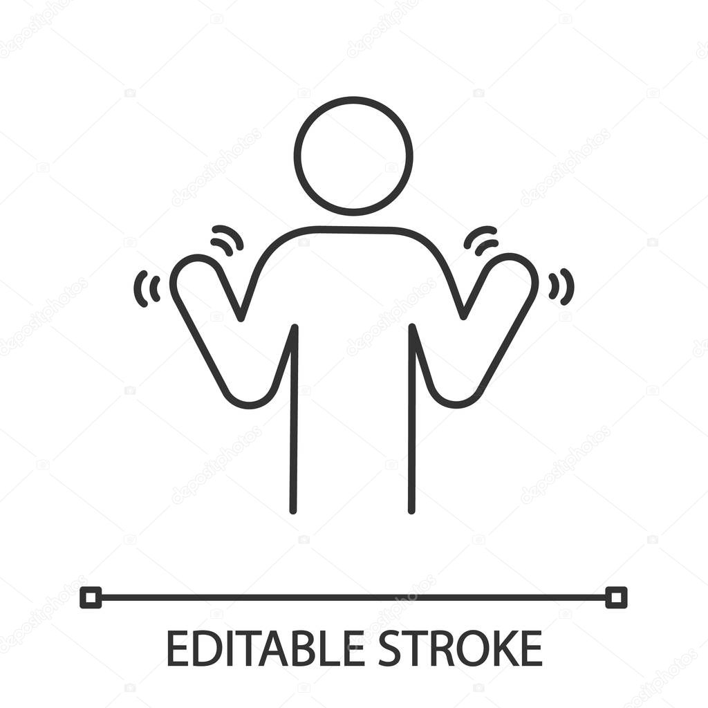 Hands tremor linear icon. Parkinson's disease. Thin line illustration. Shaky hands. Anxiety tremor. Muscle twitching. Trembling. Physiological stress symptoms. Contour symbol. Vector isolated outline drawing. Editable stroke