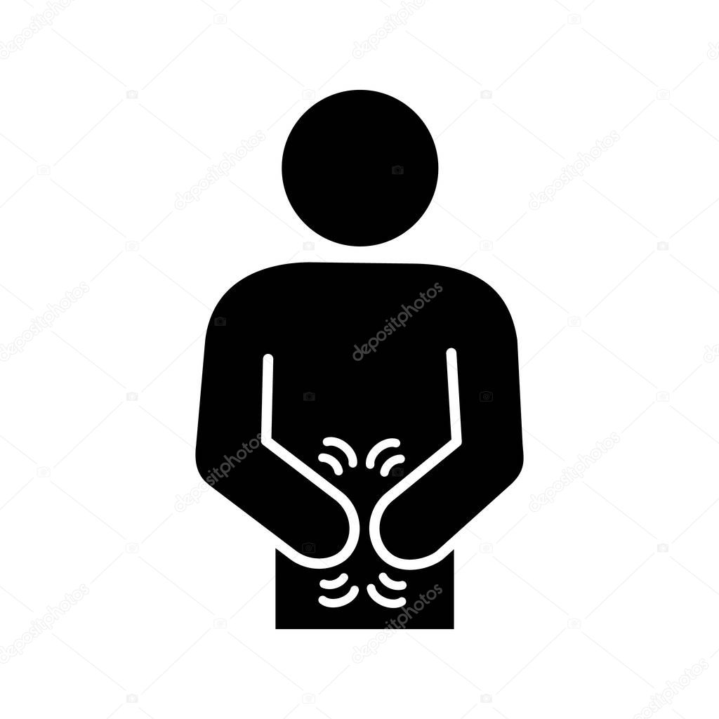 Indigestion glyph icon. Upset stomach. Stomachache. Digestive disorder. Irritable bowel. Stress symptoms. Diarrhea, bloating, nausea, abdominal pain. Silhouette symbol. Vector isolated illustration