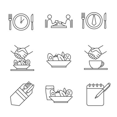 İş öğle yemeği doğrusal Icons set. Meslektaşları, arkadaşları, ortaklar, müşteriler toplantı. İş akşam yemeği menüsü, kuralları, görgü kuralları. Başarılı ortaklık. Vektör anahat illüstrasyon izole. Düzenlenebilir kontur