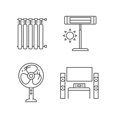 Ev aleti doğrusal Icons set. Radyatörler, Infrared Isıtıcı, kat fan, ev sinema sistemi ile Tv. ince çizgi kontur sembolleri stand. İzole vektör anahat çizimler. Düzenlenebilir kontur