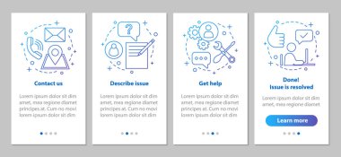Müşteri destek onboarding mobil uygulaması sayfa ekran doğrusal kavramları ile. Müşteri Hizmetleri. İstemci yemlik adımları grafik yönergeleri. UX, UI, GUI vektör şablon resimler