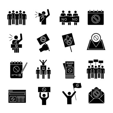 Eylem glif Icons set protesto. Kitle gösterileri. Siyasi davranış. Sosyal ve siyasi hareketleri. Demokrasi ve insan hakları koruma. Siluet simgeler. İzole vektör çizim
