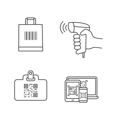 Barkodlar doğrusal Icons set. QR kod kimlik kartı, el barkod tarayıcı, alışveriş çantası, Qr kodları farklı aygıtlarda. Kontur sembolleri. İzole vektör anahat çizimler. Düzenlenebilir kontur