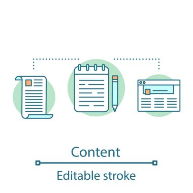 İçerik kavramı simge. Copywriting fikir ince hat illüstrasyon. Sosyal medya Yayıncılık sonrası. Metin yazma. İzole anahat çizim vektör. Düzenlenebilir kontur