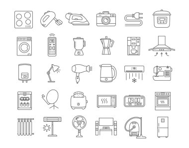 Ev aleti doğrusal Icons set. Ev ve mutfak her ülkede verilmektedir. Yerli teknoloji. Buzdolabı, elektrikli süpürge, mikser, bulaşık makinesi, fırın, soba. İzole vektör anahat çizimler. Düzenlenebilir kontur