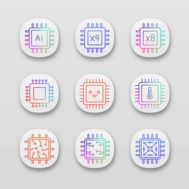 Processors app icons set. AI chip, quad, octa core processors, integrated circuit, microprocessor temperature, smiling chip. UI/UX interface. Web or mobile applications. Vector isolated illustrations clipart