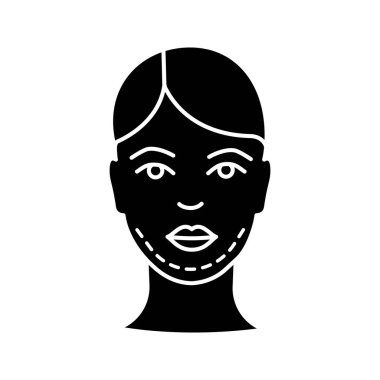 Çift çene cerrahisi glif simgesi. Siluet simge. Plastik cerrahi. Çift çene kaldırma. Yüz gençleştirme. Genioplasty. Facelift ameliyat. Negatif alan. İzole vektör çizim
