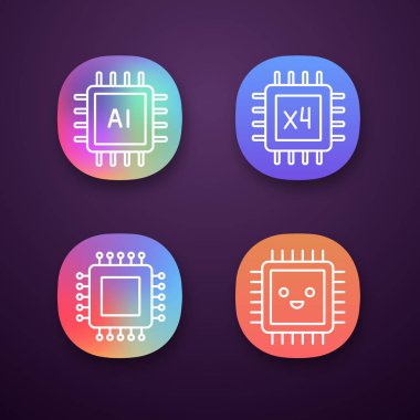 İşlemciler app simgeleri ayarlayın. Çip, entegre devre için AI sistemi, mikroişlemci, dört çekirdekli işlemci gülümseyerek. UI/Ux Kullanıcı arabirimi. Web ya da mobil uygulamalar. İzole vektör çizimler