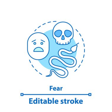 Korku kavramı simge. Korkaklık fikir ince hat illüstrasyon. Tehdit tehlike. Yılan ve kafatası. İzole anahat çizim vektör. Düzenlenebilir kontur