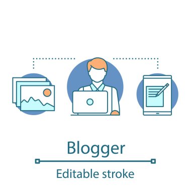 Blogger kavramı simge. Metin yazarı, tasarımcı, programcı fikir ince hat illüstrasyon. Blogging. İzole anahat çizim vektör. Düzenlenebilir kontur