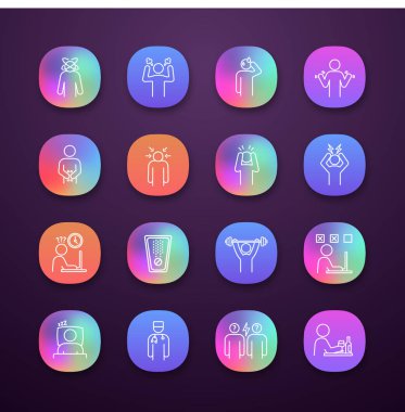 Duygusal stres app simgeleri ayarlayın. Kronik depresyon. Bitkinlik ve yorgunluk. Anksiyete, hayal kırıklığı. Psikolojik sorun. UI/Ux Kullanıcı arabirimi. Web ya da mobil uygulamalar. İzole vektör çizimler