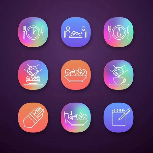 Obchodní Oběd App Ikony Nastavení Kolegové Přátelé Partneři Zákazníci Kteří — Stockový vektor