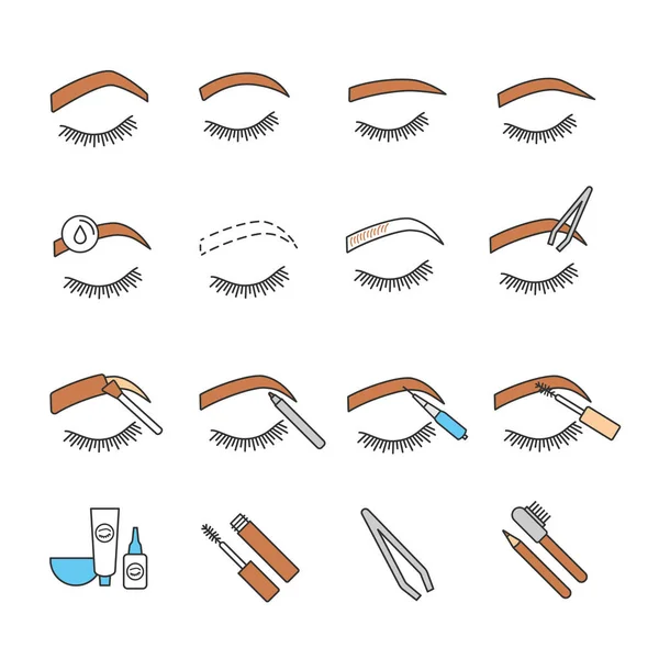 Eyebrows Shaping Color Icons Set Brows Microblading Tattoo Procedure Eyebrows — Stock Vector