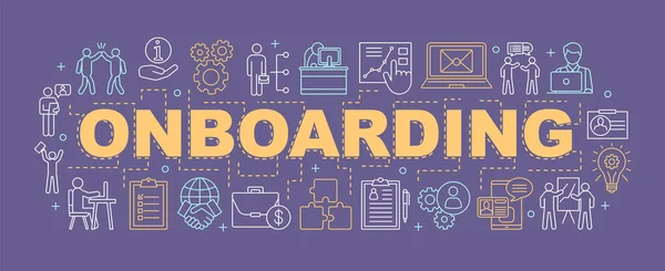 Çalışan onboarding işlem kelime kavramları afiş. Şartlı tahliye. Sunu. Ofis işi. Kariyer geliştirme. İstihdam. Tipografi fikir doğrusal simgeleri ile harfler izole. Vektör anahat çizim