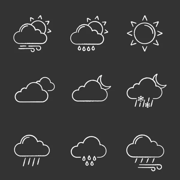 Previsioni Meteo Gesso Icone Impostate Tempo Parzialmente Nuvoloso Ventoso Pioggia — Vettoriale Stock