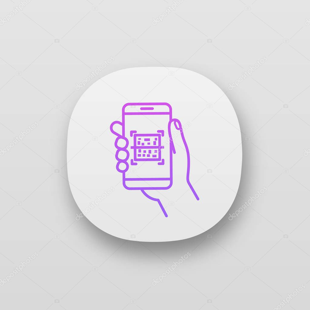 QR code scanner smartphone app icon. UI/UX user interface. Matrix barcode scanning. 2D code reader. Hand holding mobile phone. QR payment. Web or mobile application. Vector isolated illustration