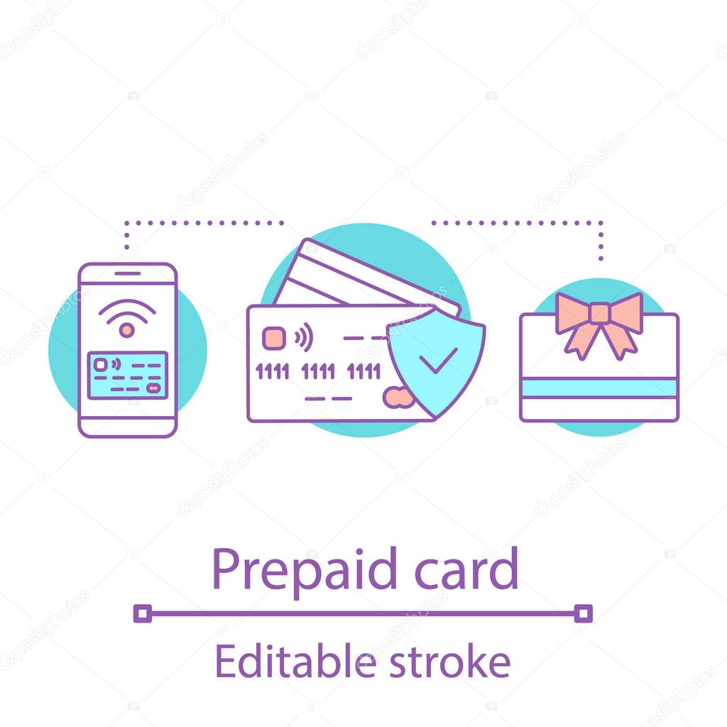 Prepaid card concept icon. Credit card, certificate, gift voucher idea thin line illustration. Vector isolated outline drawing. Editable stroke