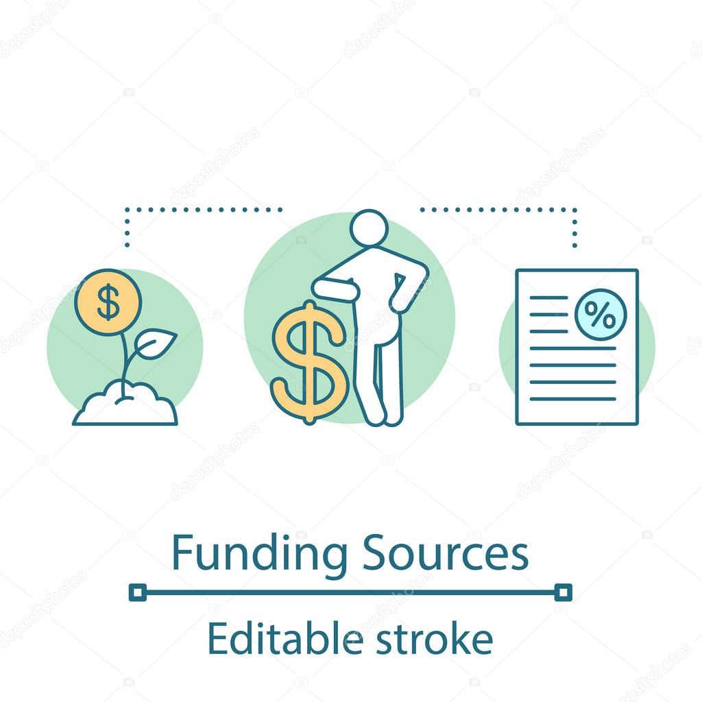Funding sources concept icon. Financial management idea thin line illustration. Budget planning. Business development. Find financing. Vector isolated outline drawing. Editable stroke