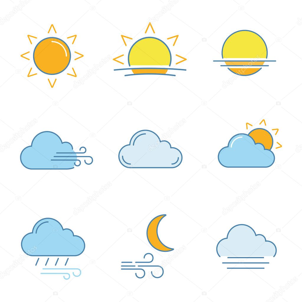 Weather forecast color icons set. Sun, sunrise, sunset, wind, cloud, partly cloudy weather, pouring rain, windy night, fog. Isolated vector illustrations