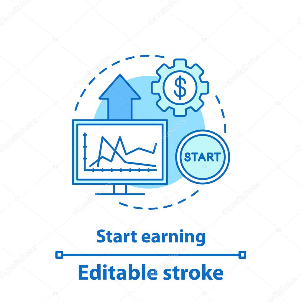 Start earning concept icon. Internet business idea thin line illustration. Traffic conversion. Marketing. Profit growth. Vector isolated outline drawing. Editable stroke