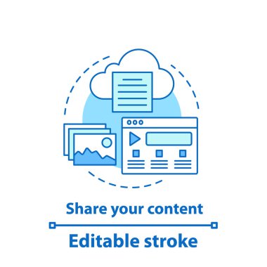 İçerik paylaşım kavramı simge. Blogging, vlogging, fikir ince hat illüstrasyon bulut. Sosyal medya. İzole anahat çizim vektör. Düzenlenebilir kontur
