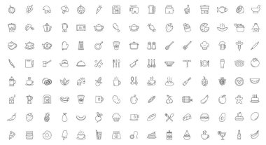 Gıda doğrusal Icons set. Yemek hazırlama. Yemek. Meyve, sebze, mutfak malzemesi ve cihaz. Mutfak eşyaları. Kafe, Restoran. İnce çizgi kontur sembolleri. İzole vektör anahat çizimler