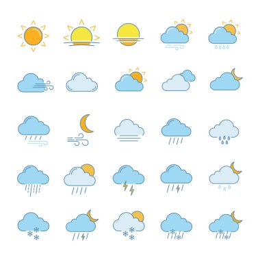 Hava tahmini renk simgeler kümesi. Kar, yağmur, karla karışık yağmur. Duş veya çiseleyen yağmur, fırtına. Güneşli, bulutlu, sisli ve rüzgarlı hava. İzole vektör çizimler