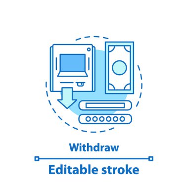 Para kavramı simge geri alıyorum. ATM fikir ince hat illüstrasyon. Dışarı nakit. Bankamatik. İzole anahat çizim vektör. Düzenlenebilir kontur