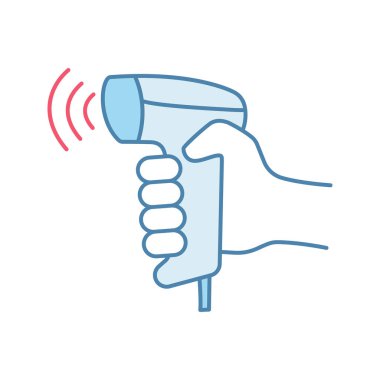 Kablosuz Barkod tarama renkli simge. Kablosuz Barkod ve Qr barkodlar taşınabilir tarayıcı kod. Kasa el. Barkod okuma cihazı tutan el. İzole vektör çizim